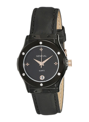 Geneval of Switzerland Analog Watch for Women with Leather Band. Water Resistant. GLS1612BRBB. Black