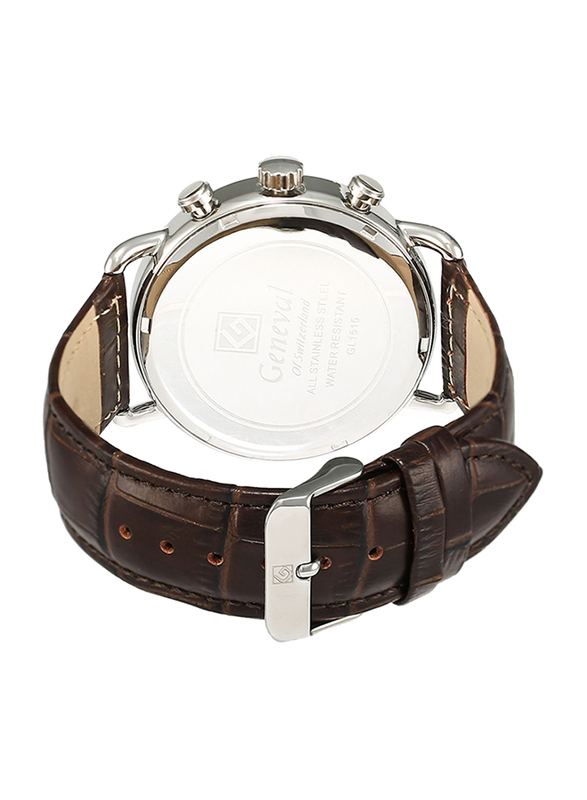Geneval of Switzerland Analog Watch for Men with Leather Band. Water Resistant and Chronograph. GL1515WWO. Brown-White