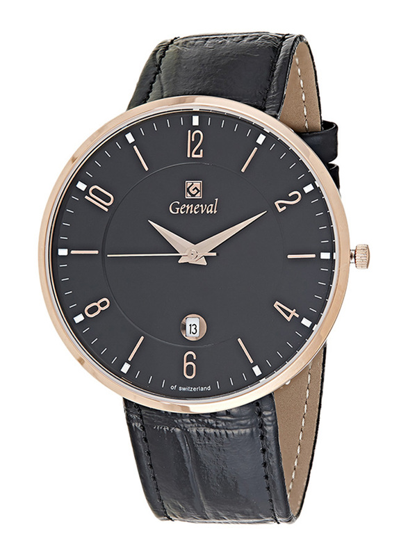 Geneval of Switzerland Analog Watch for Men with Leather Band. Water Resistant. GL1713RBB. Black-Rose Gold/Black