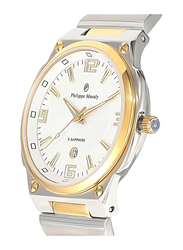 Philippe Moraly of Switzerland Analog Watch for Women with Stainless Steel Band. Water Resistant and Date Display. M1326CW. Silver/Gold-White