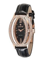 Geneval of Switzerland Analog Watch for Women with Leather Band. Water Resistant. GLS146RBB. Black