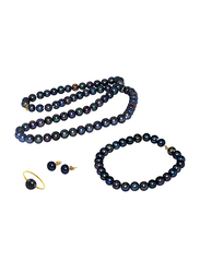 Vera Perla 4-Pieces 10K Gold Strand Jewellery Set for Women, with Pearls Stone, Necklace, Bracelet, Earrings and Ring, Black