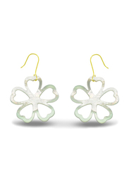 Vera Perla 18K Gold Dangle Earrings for Women, with Lucky Clover Shape Mother of Pearl Stone, White/Gold