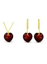 Vera Perla 2-Pieces 18K Solid Yellow Gold Jewellery Set for Women, with Necklace and Earrings, with 7mm Garnet Stone, Gold/Red