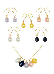 Vera Perla 6-Pieces 18K Gold Pearl Pendant Necklace for Women, with 4 Pair Earrings, with 7mm Pearl Stone, Multicolour
