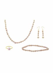 Vera Perla 4-Pieces 10K Gold Jewellery Set for Women, with 36cm Necklace, Bracelet, Ring and Earrings, with Pearl Stones, Rose Gold