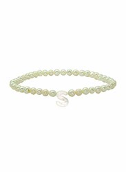 Vera Perla Elastic Stretch Bracelet for Women, with Letter S Mother of Pearl and Pearl Stone, White