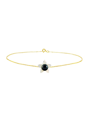 Vera Perla 18 Karat Solid Yellow Gold Chain Bracelet for Women, with 10mm Mother of Pearl Flower Shape and 4mm Pearl, Gold/Black
