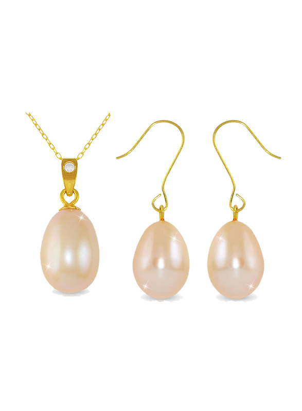 Vera Perla 2-Pieces Gold Jewellery Set for Women, with 18K Necklace & 10K Earrings, with Diamond & Pearl Stone, Gold/Pink