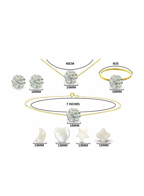 Vera Perla 4-Pieces 10k Solid Yellow Gold Jewellery Set and 4-Pieces Charm Set for Women, with 10mm Crystal Ball Stone, Gold/Clear