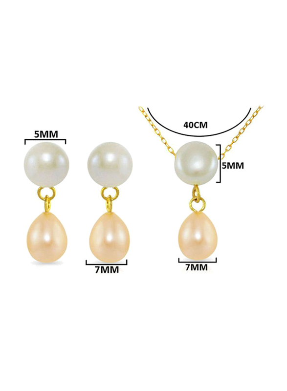 Vera Perla 3-Pieces 18k Yellow Gold Drop Jewellery Set for Women, with Necklace, Bracelet and Earrings, with Pearl Stone, White/Beige