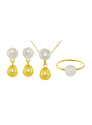 Vera Perla 4-Pieces 18k Yellow Gold Drop Jewellery Set for Women, with Pearl, White/Yellow