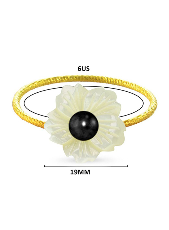 Vera Perla 18k Solid Yellow Gold Fashion Ring for Women, with 19mm Flower Shape Mother of Pearl and 6-7mm Pearl Stone, White/Gold/Black, US 6
