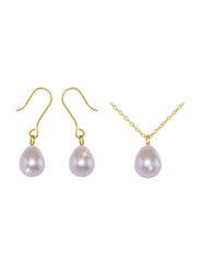 Vera Perla 2-Pieces 18K Gold Pearl Pendant Necklace for Women, with Earrings, with 7mm Pearl Stone, Gold/Purple