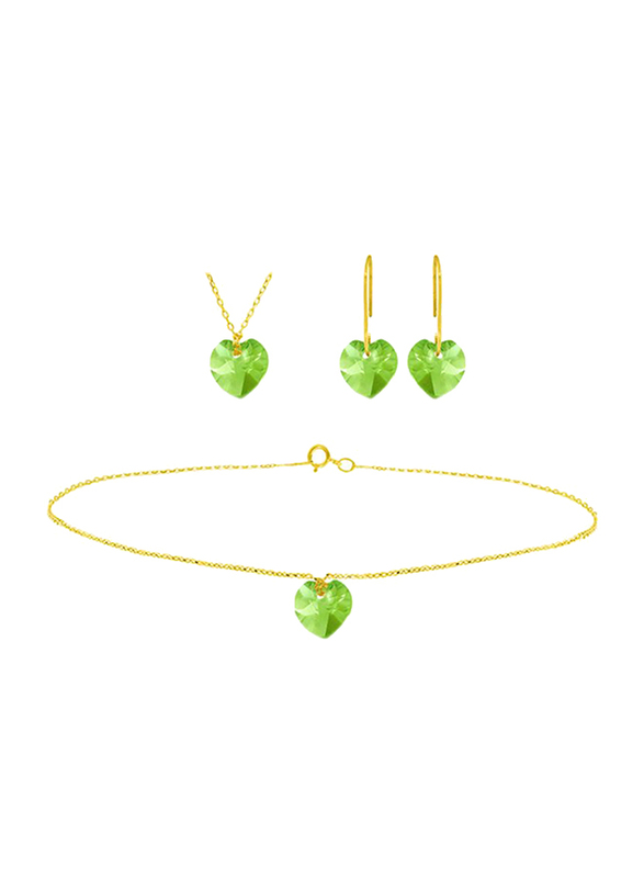 Vera Perla 3-Pieces 10K Solid Yellow Gold Jewellery Set for Women, with Necklace, Bracelet and Earrings, with 7mm Peridot Stone, Gold/Green