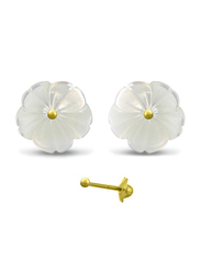 Vera Perla 18K Gold Stud Earrings for, with Women Flower Shell and10mm Pearls Stone, White/Gold