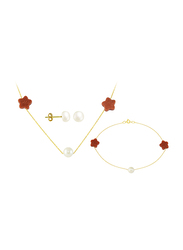 Vera Perla 3-Pieces 18K Gold Jewellery Set for Women, with Necklace, Bracelet & Earrings, with Star Sunstones & Pearl Stone, Red/Gold/White