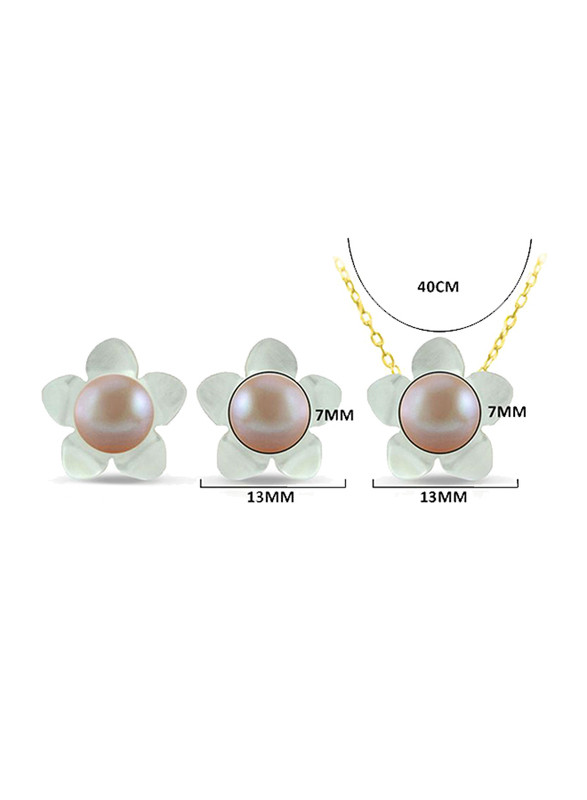 Vera Perla 3-Pieces 18k Solid Yellow Gold Jewellery Set for Women, with Necklace, Bracelet and Earrings, with 13mm Mother of Pearl Flower Shape and 7mm Pearl, White/Purple