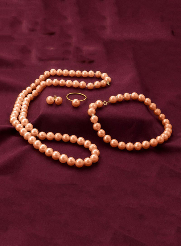 Vera Perla 4-Pieces 18K Gold Strand Jewellery Set for Women, with Pearls Stone, Necklace, Bracelet, Earrings and Ring, Pink
