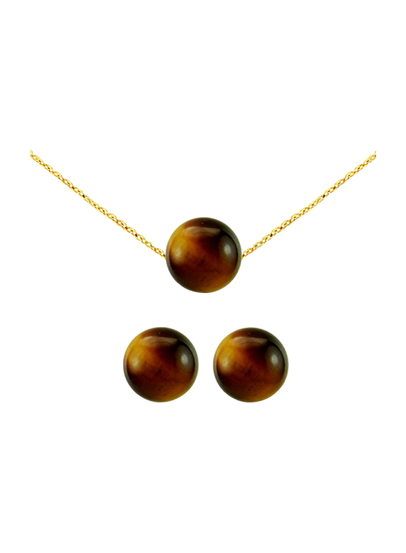 Vera Perla 2-Pieces 18K Gold Simple Jewellery Set for Women with 7mm Tiger Eye Stone, Gold