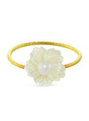 Vera Perla 18k Solid Yellow Gold Fashion Ring for Women, with 19mm Flower Shape Mother of Pearl and 6-7mm Pearl Stone, White/Gold, US 6