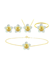 Vera Perla 5-Pieces 18k Solid Yellow Gold Jewellery Set for Women, with 13mm Mother of Pearl Flower Shape and 7mm Pearl, White/Yellow