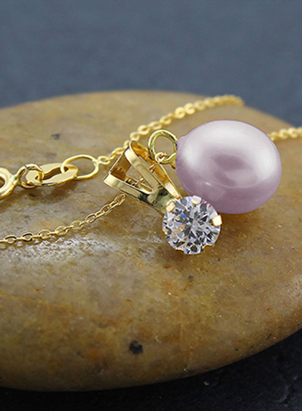 Vera Perla 18K Gold Solitaire Pendant Necklace for Women, with Pearl & Cubic Zirconia Stone, Purple/Gold