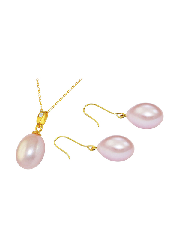 Vera Perla 2-Pieces 18K Gold Jewellery Set for Women, with Necklace & Earrings, with Diamond & Pearl Stone, Gold/Purple