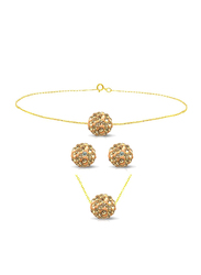 Vera Perla 3-Pieces 10K Solid Jewellery Set for Women, with Necklace, Bracelet and Earrings, with 10 mm Crystal Ball, Gold/Peach