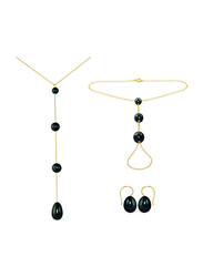 Vera Perla 3-Pieces 10K Gold Jewellery Set for Women, with Necklace, Bracelet and Earrings, with Built-in Gradual Drop Pearls Stone, Black