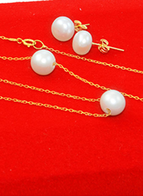 Vera Perla 3-Pieces 18K Gold Jewellery Set for Women, with Necklace, Bracelet & Earrings, with Star Sunstones & Pearl Stone, Red/Gold/White