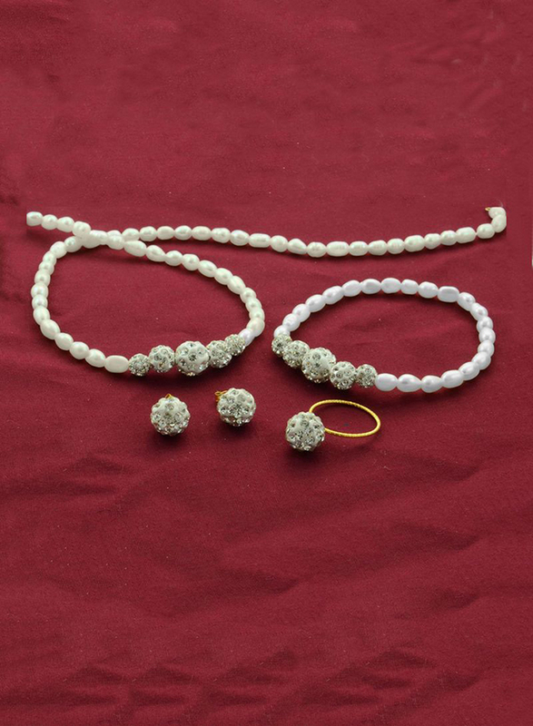 Vera Perla 4-Pieces 18K Gold Strand Jewellery Set for Women, with Gradual Crystal Balls and Pearls Stone, Necklace, Bracelet, Earrings and Ring, White