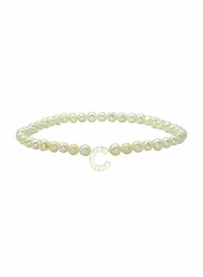 Vera Perla Elastic Stretch Bracelet for Women, with Letter C Mother of Pearl and Pearl Stone, White