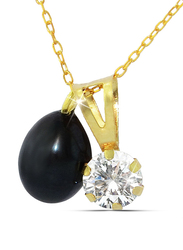 Vera Perla 18K Gold Solitaire Pendant Necklace for Women, with Pearl & Cubic Zirconia Stone, Black/Gold