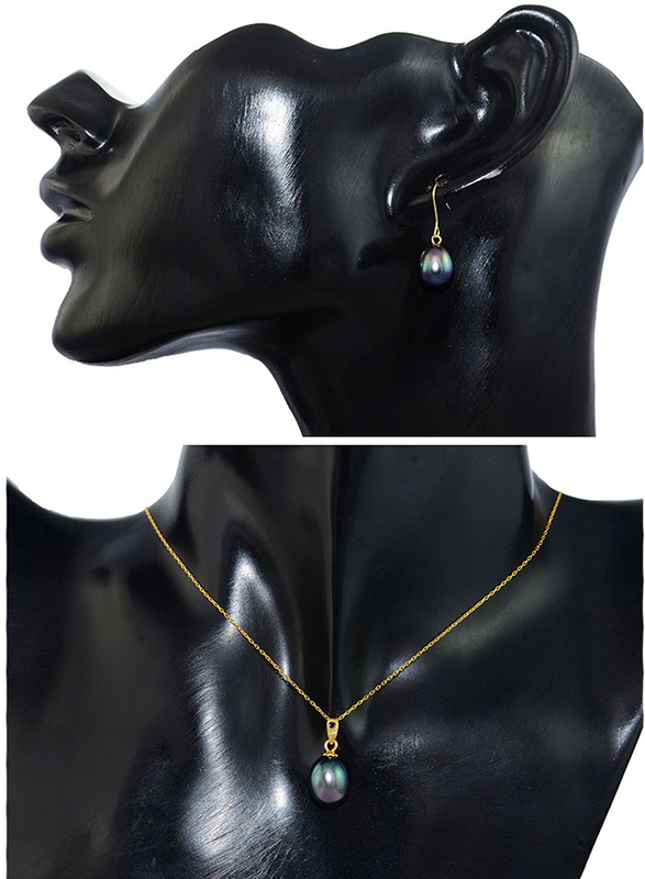 Vera Perla 2-Pieces Gold Jewellery Set for Women, with 18K Necklace & 10K Earrings, with Diamond & Pearl Stone, Gold/Black