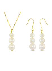 Vera Perla 2-Pieces 18K Gold Journey Necklace for Women, with Earrings, with 3-Pieces Pearl Stone, Gold/White