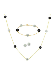 Vera Perla 3-Pieces 18K Solid Gold Jewellery Set for Women, with Necklace, Bracelet and Earrings, with Built-in Gradual Crystal Ball and Pearls Stone, Black/Clear