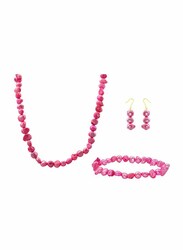 Vera Perla 3-Pieces 18K Gold Jewellery Set for Women, with Necklace, Bracelet and Earrings, with Genuine Pearl Stones, Pink