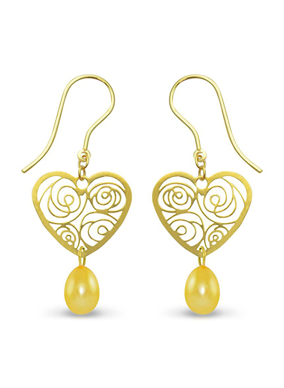 Vera Perla 18K Solid Yellow Gold Heart Dangle Earrings for Women, with 7mm Drop Pearl Stone, Yellow/Gold