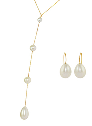 Vera Perla 2-Pieces 18K Gold Jewellery Set for Women, with Necklace & Earrings, with Pearl Stone, Gold/White