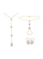 Vera Perla 3-Pieces 18K Gold Jewellery Set for Women, with Necklace, Bracelet and Earrings, with Built-in Gradual Drop Pearls Stone, Purple
