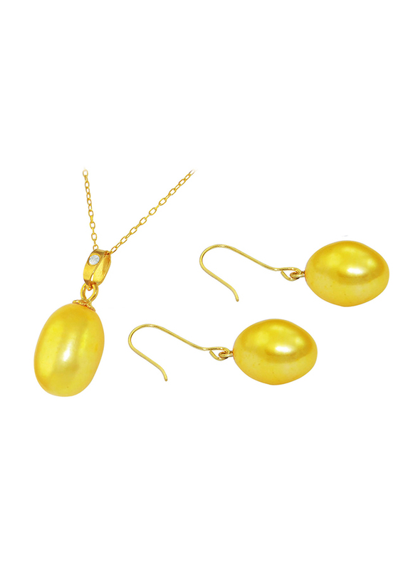 Vera Perla 2-Pieces 18K Gold Jewellery Set for Women, with Necklace & Earrings, with Diamond & Pearl Stone, Gold/Yellow