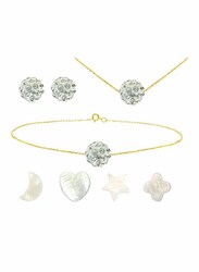 Vera Perla 3-Pieces 18k Solid Yellow Gold Jewellery Set and 4-Pieces Charm Set for Women, with Necklace, Bracelet and Earrings, with 10mm Crystal Ball Stone, Gold/Clear