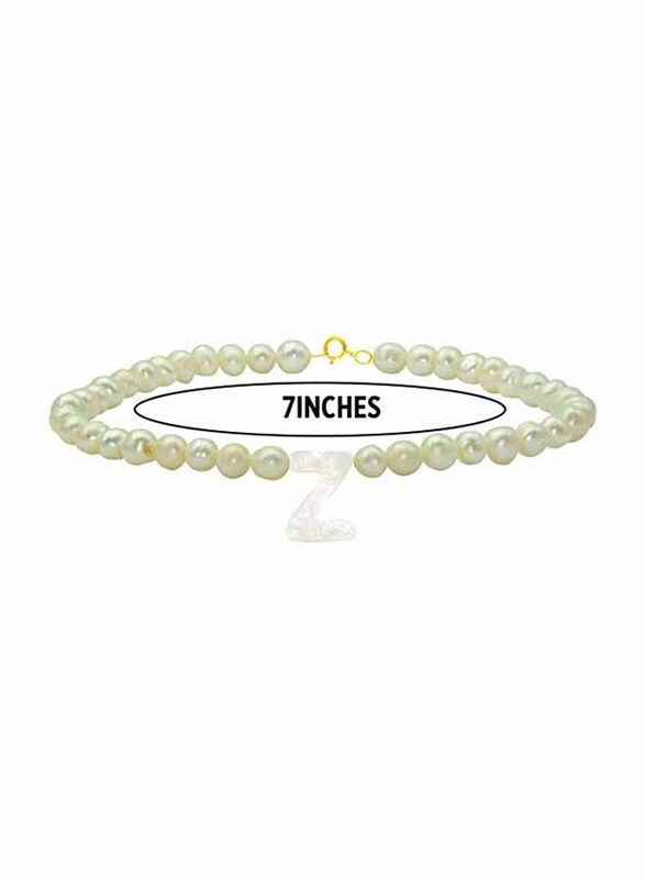 Vera Perla 10K Gold Strand Beaded Bracelet for Women, with Letter Z Mother of Pearl and Pearl Stone, White