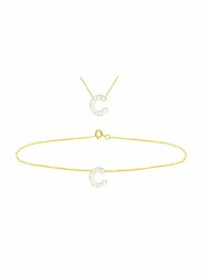 Vera Perla 2-Pieces 18k Yellow Gold C Letter Jewellery Set for Women, with Necklace and Earrings, with Mother of Pearl Stone, Gold/White