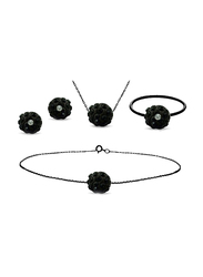 Vera Perla 4-Pieces 18K Solid Black Gold Earrings, Bracelet, Ring and Necklace Set for Women, with 10 mm Crystal Ball, Black
