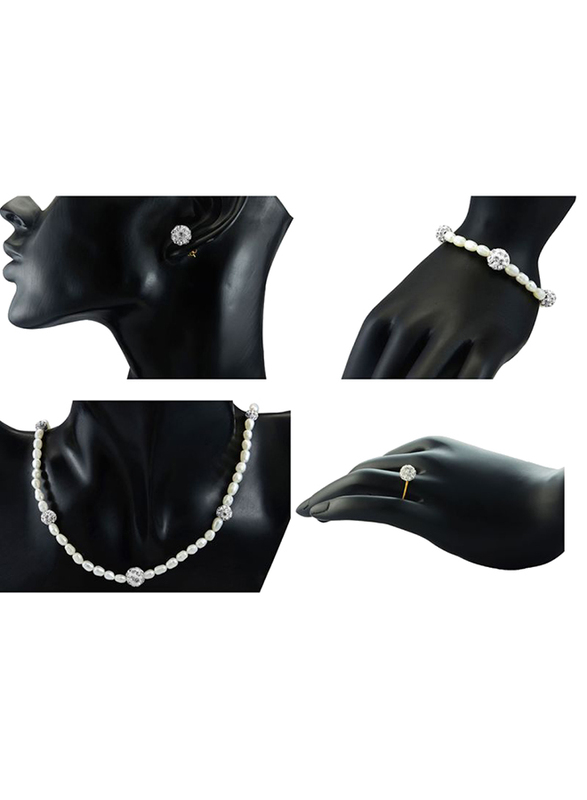 Vera Perla 4-Pieces 18K Gold Strand Jewellery Set for Women, with Women, with Necklace, Bracelet, Earrings and Rings, with Built-in Gradual Crystal Balls and Pearl Stone, White