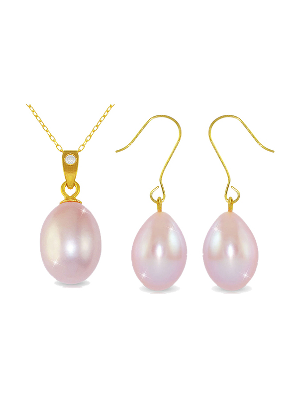Vera Perla 2-Pieces Gold Jewellery Set for Women, with 18K Necklace & 10K Earrings, with Diamond & Pearl Stone, Gold/Purple