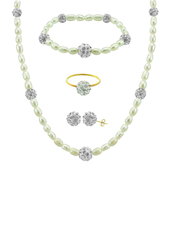 Vera Perla 4-Pieces 18K Gold Strand Jewellery Set for Women, with Women, with Necklace, Bracelet, Earrings and Rings, with Built-in Gradual Crystal Balls and Pearl Stone, White