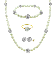 Vera Perla 4-Pieces 18K Gold Strand Jewellery Set for Women, with Women, with Necklace, Bracelet, Earrings and Rings, with Built-in Gradual Crystal Balls and Pearl Stone, White